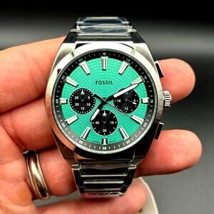 Fossil Mens FS6117 Everett Chronograph 44mm Stainless Steel Turquoise Dial NIBWT